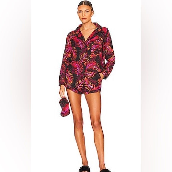 Plush Faux Silk Neon Palm PJ Set - Eye Mask Long Sleeve and Shorts Size Small